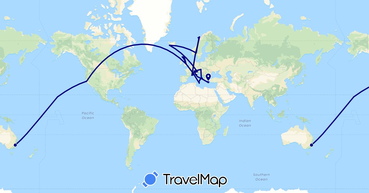 TravelMap itinerary: driving in Austria, Australia, Switzerland, France, United Kingdom, Greece, Iceland, Italy, Malta, Netherlands, Norway, United States (Europe, North America, Oceania)